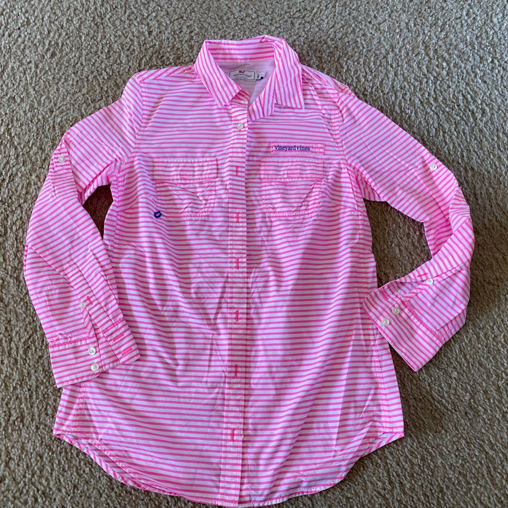 Vineyard Vines Womens 4 Harbor Shirt Pink Striped Long Sleeve Performance